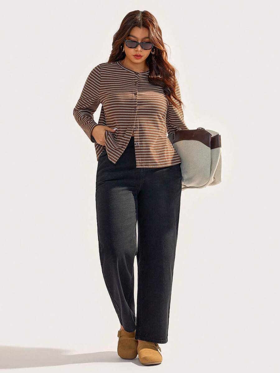 Elaquor Kaos Wanita Bergaris Kasual Lengan Panjang Longgar Kancing Depan Ukuran Besar Musim Gugur - Coffee Brown - View 1