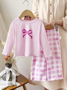 SHEIN 2pcs Baby Girl Infant Toddler Newborn 0-3 Years Old Spring/Summer Casual Daily Versatile Bow Knit Long Sleeve Top + Pants Set, Baby Spring/Summer Outfit - Purple - View 1