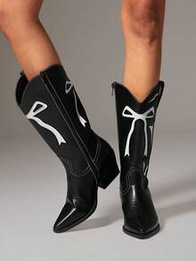 SHUZIA Botas de vaquera occidentales con tacón grueso, punta afilada y bordado glamoroso para mujer - Negro - Ver 6
