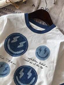 SHEIN EZwear 女士休闲简约笑脸贴花印花圆领短袖宽松T恤