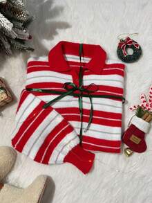 SHEIN Unity Maglione lavorato a maglia rosso a righe con collo a polo, ampio, articolo essenziale per Natale, inizio scuola, autunno/inverno, caldo e confortevole per uso quotidiano e domestico - Rosso - Visualizzare 2