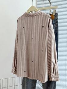 GlowEve CURVE 大码条纹蝴蝶结刺绣休闲长袖衬衫 - 橘色 - 查看 2