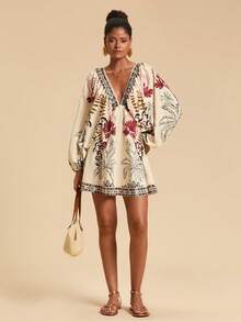 Travachic 度假风梭织印花V领宽松女士迷你连衣裙 - 彩色 - 查看 4