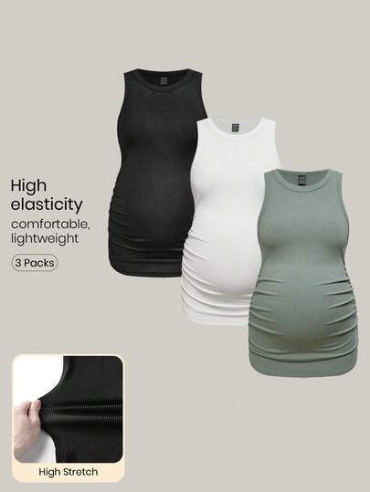 Modmama 孕妇休闲纯色褶饰修身背心，夏季