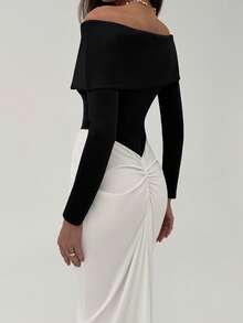 Aloruh Đầm dài thanh lịch thiết kế khối màu đen trắng cho nữ, tay dài một bên vai, ôm eo, viền đuôi cá, thích hợp cho các buổi đi chơi hàng ngày, tiệc cocktail, hộp đêm và tiệc tùng - Đen và trắng - Xem 3