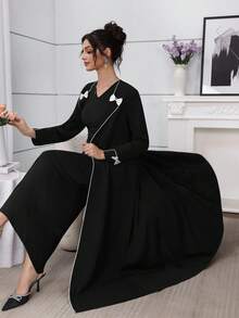 Al Najma 2 Stücke Damen Outfit im arabischen Stil (ärmelloses Kleid und langärmeliger Jacken Set) - Schwarz - Übersicht 7