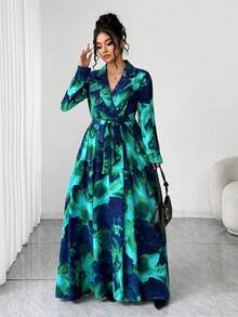 Elenzga Đầm in họa tiết thời trang thường ngày thanh lịch, tay dài, cổ bẻ, thắt lưng cỡ lớn dành cho nữ, tiệc mùa đông - màu xanh lá - Xem 4