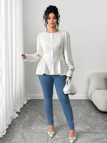 Elenzga Women's Autumn/Winter Textured Fabric Puff Sleeve Fitted A-Line Shirt - Apricot - View 5