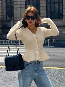 DAZY Women's Loose Cardigan With Pearl Buttons, Autumn - Beige - View 4