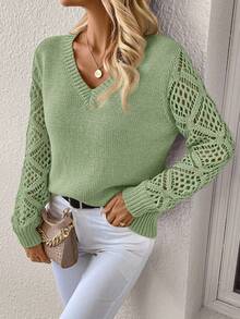 SHEIN Clasi Plus Size Solid Color Hollow Out Knit Patchwork Sweater, Casual For Autumn/Winter Fall - Mint Green - View 7