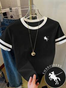 SHEIN 女士大码T恤/保罗火枪手印花/刺绣/刺绣款式、装饰、/时尚T恤/女士超宽松休闲撞色大码圆领T恤上衣/春夏 - 彩色 - 查看 1