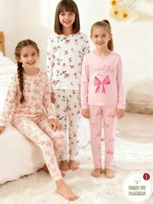 3件套女童可爱蝴蝶结碎花长袖上衣和裤子修身睡衣套装 - 彩色 - 查看 3