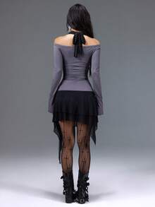 Bloopia Hàn Quốc Thường Ngày Slouchy Cá Nhân Hóa Trẻ Hóa Cho Nữ Thu/Đông Phong Cách Mới Halloween Ngôi Sao Đính Đá Trang Trí 2 Trong 1 Thiết Kế Halter Tie Eo Ôm Vừa Vặn Trễ Vai Hở Vai Tay Dài Cho Nữ Váy Ngắn - Màu xám đen - Xem 2