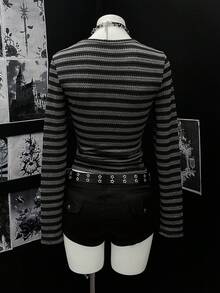 EgrlEra 女士休闲V领条纹修身短款长袖T恤 - 彩色 - 查看 2