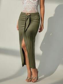 Lyxana Olive Green Women's Skirt,Autumn Elegant Bodycon Solid Knit Elastic Skirt For Dining,Wedding,Party,Date Night,Office,Metal Decor,Asymmetric Hem Skirt - Green - View 5
