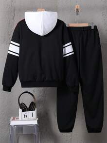 Vacaura 男童两件套套装，包括带帽拼接上衣和抽绳腰运动裤，舒适休闲百搭，适合室内外穿着，春秋季。 - 彩色 - 查看 4