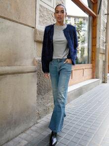 Maija 女士休闲秋季时尚圆领前开襟纽扣外套 - 藏蓝色 - 查看 2