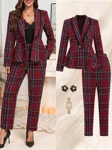 Ellevyn Women's Peter Pan Collar Cinched Waist Long Sleeve Metal Button Red Plaid Christmas Wool Tapered Pants, Elegant For Everyday Wear - Multicolor - View 1