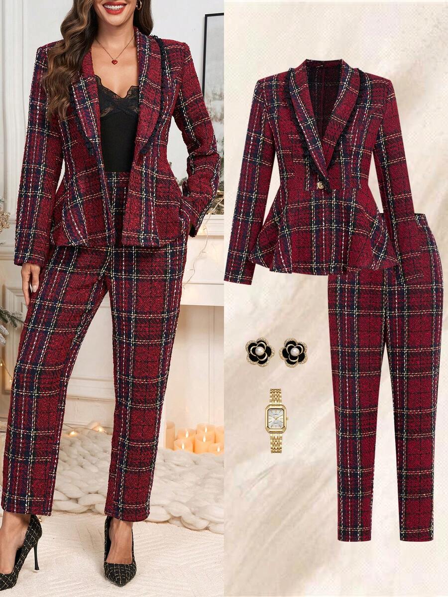 Ellevyn Women's Peter Pan Collar Cinched Waist Long Sleeve Metal Button Red Plaid Christmas Wool Tapered Pants, Elegant For Everyday Wear - Multicolor - View 1