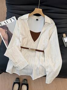 SHEIN Frenchy Damen Lässiges Loose Fit Langarmhemd, geeignet für Pendeln, Imitation Zweiteiler Hemden, Pullover Hemden, Bedruckte Hemden, Business Lässig Bluse für Damen, Lässige Arbeitsbluse, geeignet für Arbeit, Pendeln und Urlaub, Frühling/Herbst, Französischer Stil, Pariser Damen, Europäischer Stil, Europaurlaub, Herbst/Winter, Elegante Blusen für Damen, geeignet für alle Jahreszeiten, Winter für Damen, Neujahr, Neujahr Damen, Französischer lässiger Pendler, Vintage, Minimalistisch, geeignet für den täglichen Gebrauch, Französischer Stil, Europäischer Stil, Weihnachten - Verschiedenfarbig - Übersicht 1