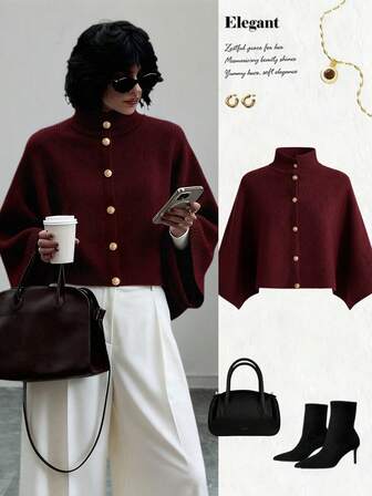 SHEIN Stylify 女士优雅简约红色金属扣高领针织斗篷毛衣，适合通勤，秋冬