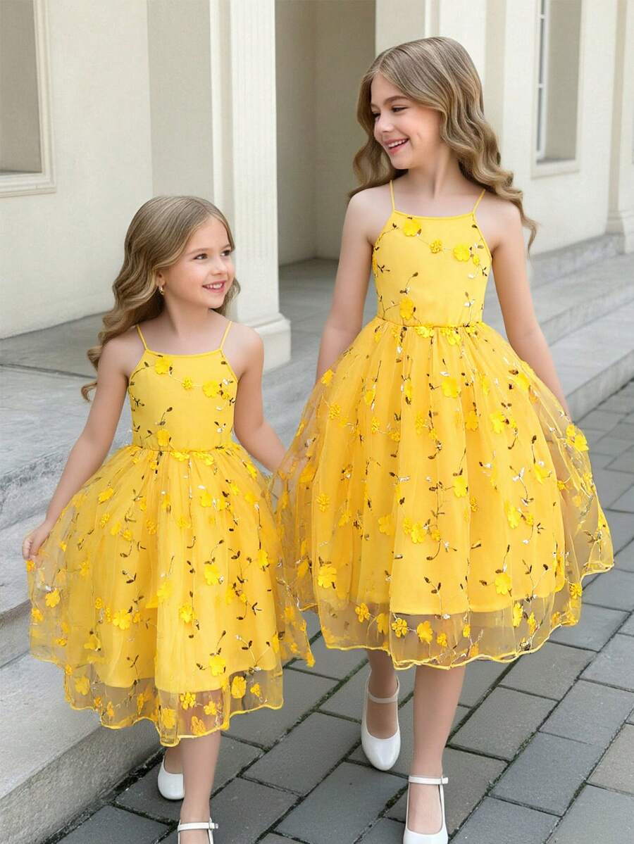 SHEIN Sparklyn Tween Girl Elegant Party Floral 3D Embroidered Mesh Strap Dress - Yellow - View 1