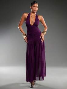 Normani Romantic Date Party Eggplant Purple Mesh Deep V Backless Tie Ruched Mesh Dress For Women - Red Violet - View 9