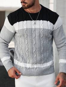 Manfinity Homme Men's Casual Contrast Color Cable Knit Pullover Sweater, Autumn/Winter Crochet Jumper For Men, Long Sleeve Top - Multicolor - View 6