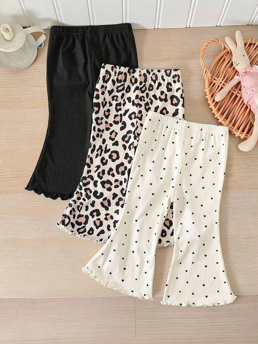3pcs Baby Girl Valentine's Day Heart & Leopard Print Soft Elastic Waist Knit Leggings Set, Cute Casual Versatile Knit Leopard & Polka Dot Pattern - Multicolor - View 1