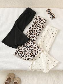 3pcs Baby Girl Valentine's Day Heart & Leopard Print Soft Elastic Waist Knit Leggings Set, Cute Casual Versatile Knit Leopard & Polka Dot Pattern - Multicolor - View 6
