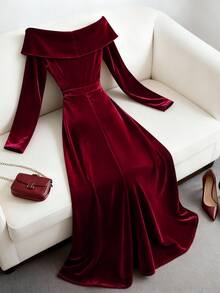 GlowEve 女士优雅V领连衣裙，A字玫瑰缎面派对礼服 - 紅色 - 查看 2