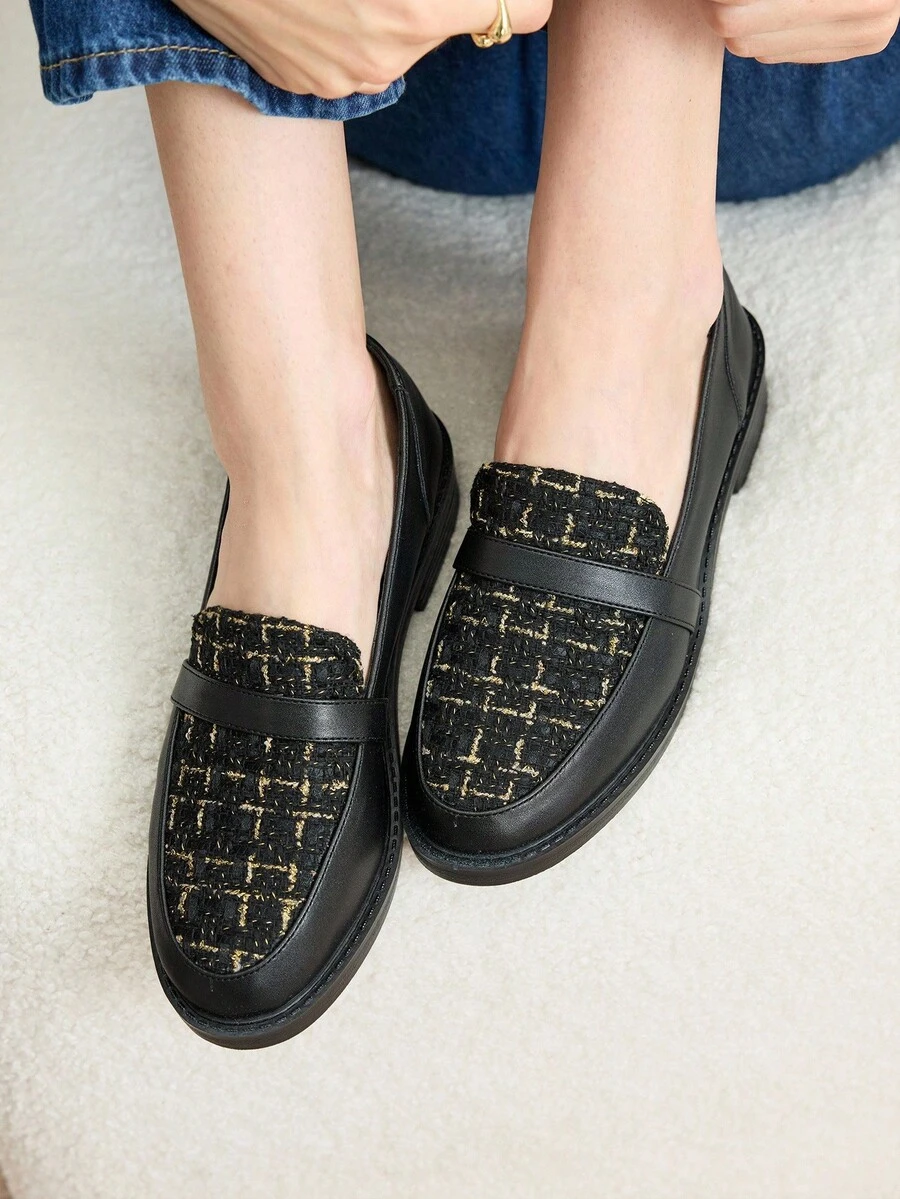 Rosivie 2025秋冬新款马衔扣乐福鞋，百搭英伦风黑色粗跟软底一脚蹬平底鞋 - 黑色 - 查看 1