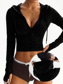 Dewbera 1件装女士豹纹连帽拉链外套，适合跑步、户外运动和健身 - 彩色 - 查看 1