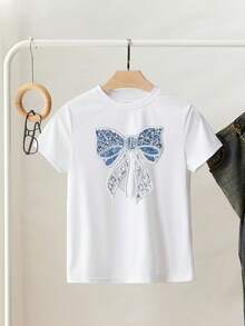 Resyla Women's Beaded Bow Embroidery Round Neck Short Sleeve Casual Standard Size T-Shirt - White - View 5