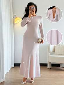 Chiquease Women's Party Dress, Sexy Backless Strappy Long-Sleeved Dress, Long Dress With Silver Thread Fabric, Christmas Party Dress. - Baby Pink - View 1