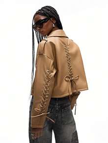 GENKIRA Retro Punk Style Cropped PU Leather Moto Jacket With Straps, Cool Design  - Coffee Brown - View 3