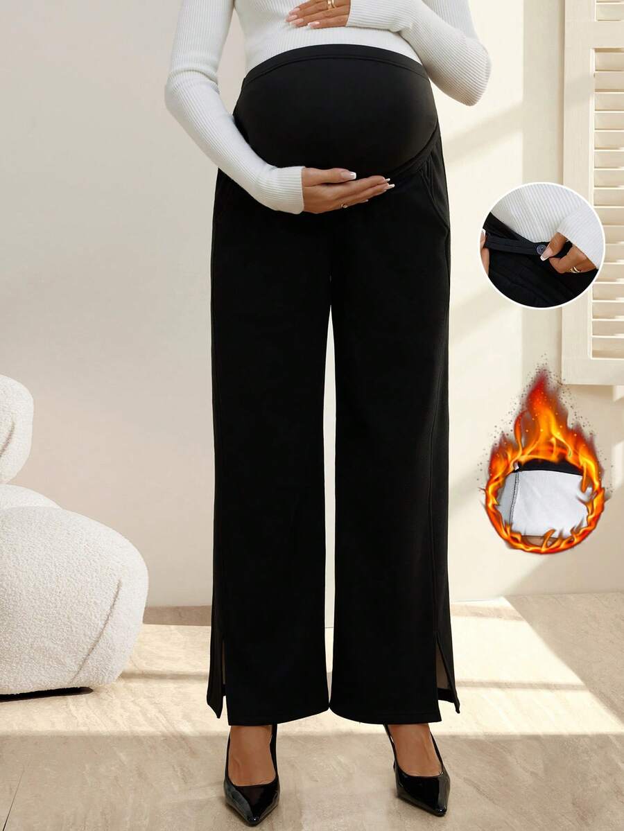 SHEIN Solid Color Drawstring Waist Slit Hem Casual Maternity Sweatpants - Black - View 1