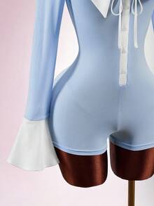 Amplova 女士撞色深V领扭结前襟长袖连体裤 - 藍色 - 查看 6