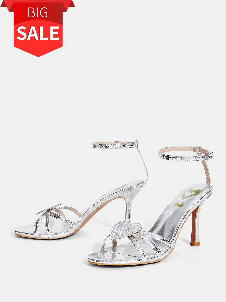 Women's Rhinestone Embellished Heart Decor Buckle Design Fashion High Heel Sandals - Silver - View 1