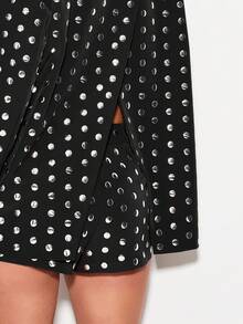 KIZN Winter Studded Dot Oversized Blazer Jacket With Padded Shoulders Long Sleeve Button Front Double Breasted Style Evening Party Outerwear - Black - View 7