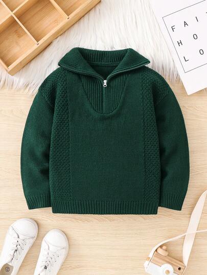 SHEIN Young BoyLoose Fit Long Sleeve Turndown Collar Half-Zip Knit Sweater, Suitable For Christmas, Winter