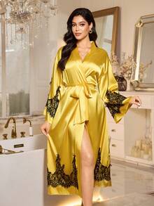 LuxeNights Elegant Luxurious Regal Black Lace & Gold Color Contrast Women's Long Robe, Suitable For Loungewear, Autumn/Winter Long Satin Robe Yellow Satin Robe Satin Robes For Women Kimono Robes For Women Lace Trim Robe Silk Night Gown Silk Robes For Women Satin Night Gown Silk Robe Set