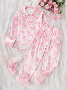 Genkimix Kids 2pcs Tween Girls Cute Bowknot Floral Print Soft Flannel Cardigan Long Sleeve Pants Pajama Set - Multicolor - View 5