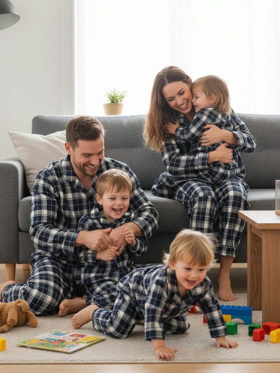 2pcs Young BoyClassic Plaid Shirt & Pants Set, Casual Homewear - Blue - View 1