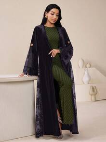 Veilorie 女士撞色蕾丝长袖优雅长袍 - 紫色 - 查看 6