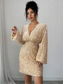 Rafferiza 女士亮片装饰连衣裙，V领，蝙蝠袖，前幅褶裥设计，收腰，长袖，优雅精致，复古法式风情，简约百搭，适合万圣节、圣诞节、感恩节、下午茶、派对、半正式场合、鸡尾酒会、秋冬季等各种场合。 - 金色 - 查看 6