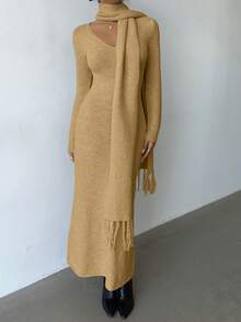 Elenzga 优雅浅杏色V领简约舒适复古风针织连衣裙配流苏围巾，适合秋冬通勤出游 - 卡其色 - 查看 6