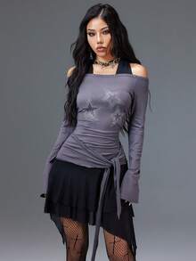 Bloopia Hàn Quốc Thường Ngày Slouchy Cá Nhân Hóa Trẻ Hóa Cho Nữ Thu/Đông Phong Cách Mới Halloween Ngôi Sao Đính Đá Trang Trí 2 Trong 1 Thiết Kế Halter Tie Eo Ôm Vừa Vặn Trễ Vai Hở Vai Tay Dài Cho Nữ Váy Ngắn - Màu xám đen - Xem 4