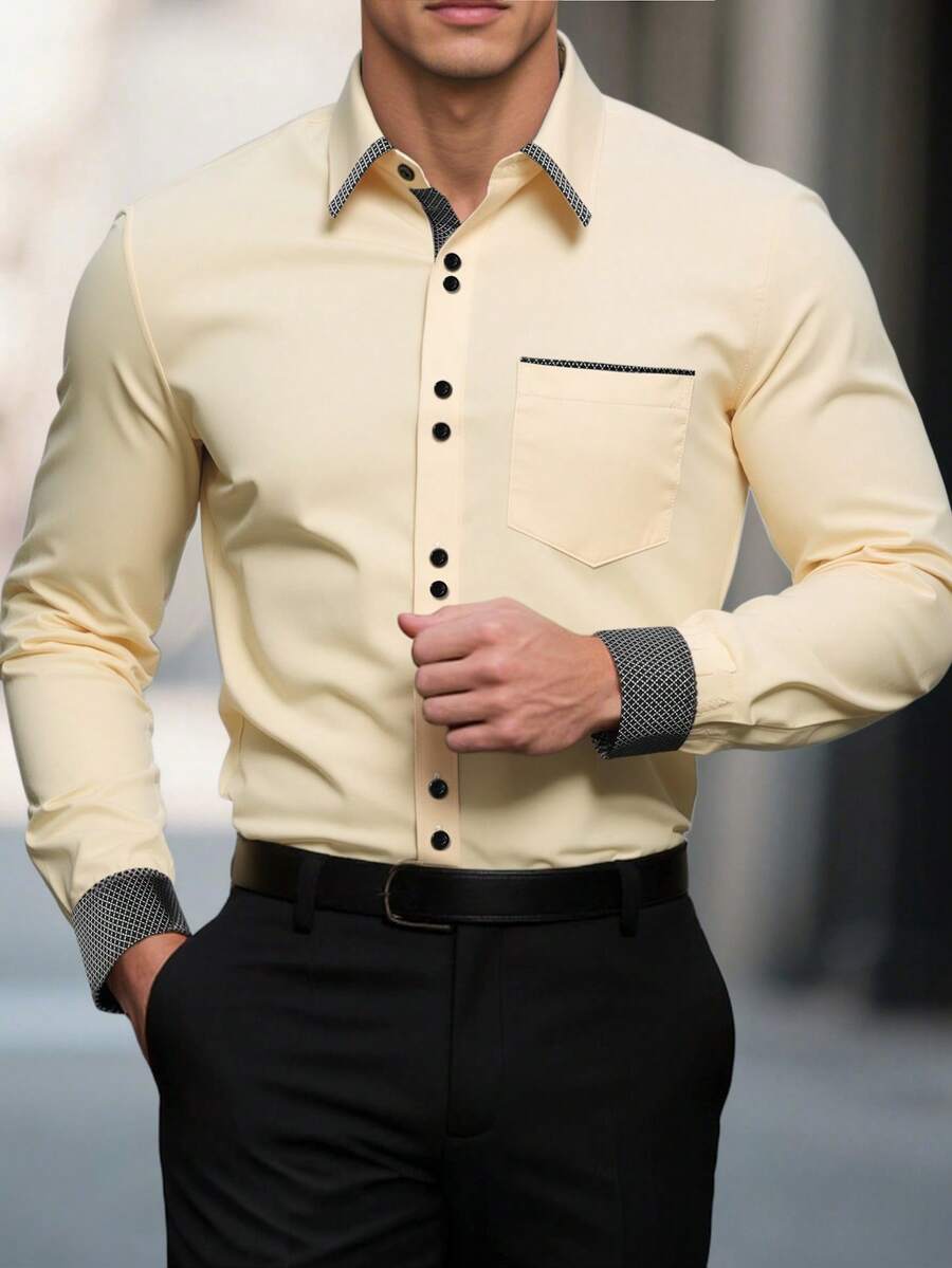 Manfinity Mode Plus Size Men's Spring/Autumn Business Commute Plaid Print Long Sleeve Shirt - Yellow - View 1