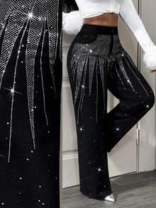 Slaydiva Women's High Waist Pockets Rhinestone Embellished Wide Leg Loose Casual Versatile Jeans - Black - View 1